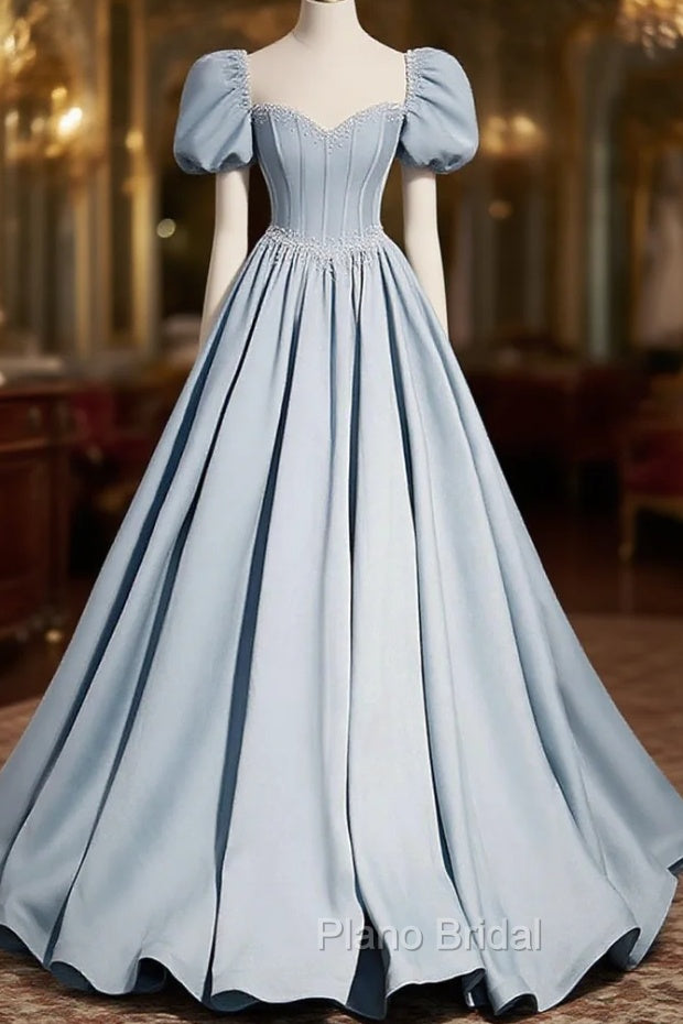 Blue Satin Long Formal Prom Dresses with Pearls, Blue Short Sleeves A-line Evening Dresses Main image