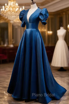 Blue Satin Long Formal Prom Dresses with Short Sleeves, Blue Evening Formal Dresses