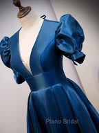 Blue Satin Long Formal Prom Dresses with Short Sleeves, Blue Evening Formal Dresses