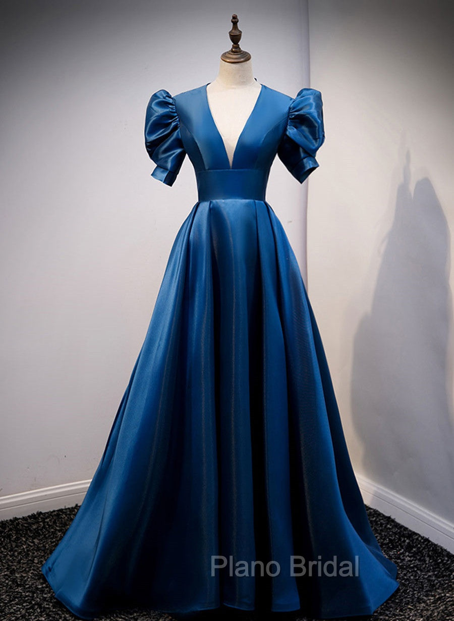 Blue Satin Long Formal Prom Dresses with Short Sleeves, Blue Evening Formal Dresses Main image
