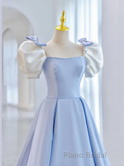 Blue Satin Long Formal Prom Dresses, Blue Formal Graduation Dresses