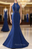 Blue Satin Mermaid Halter Cut Out Backless Long Formal Prom Dresses
