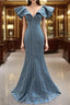 Blue Satin Mermaid V-neck Beading Formal Prom Dresses