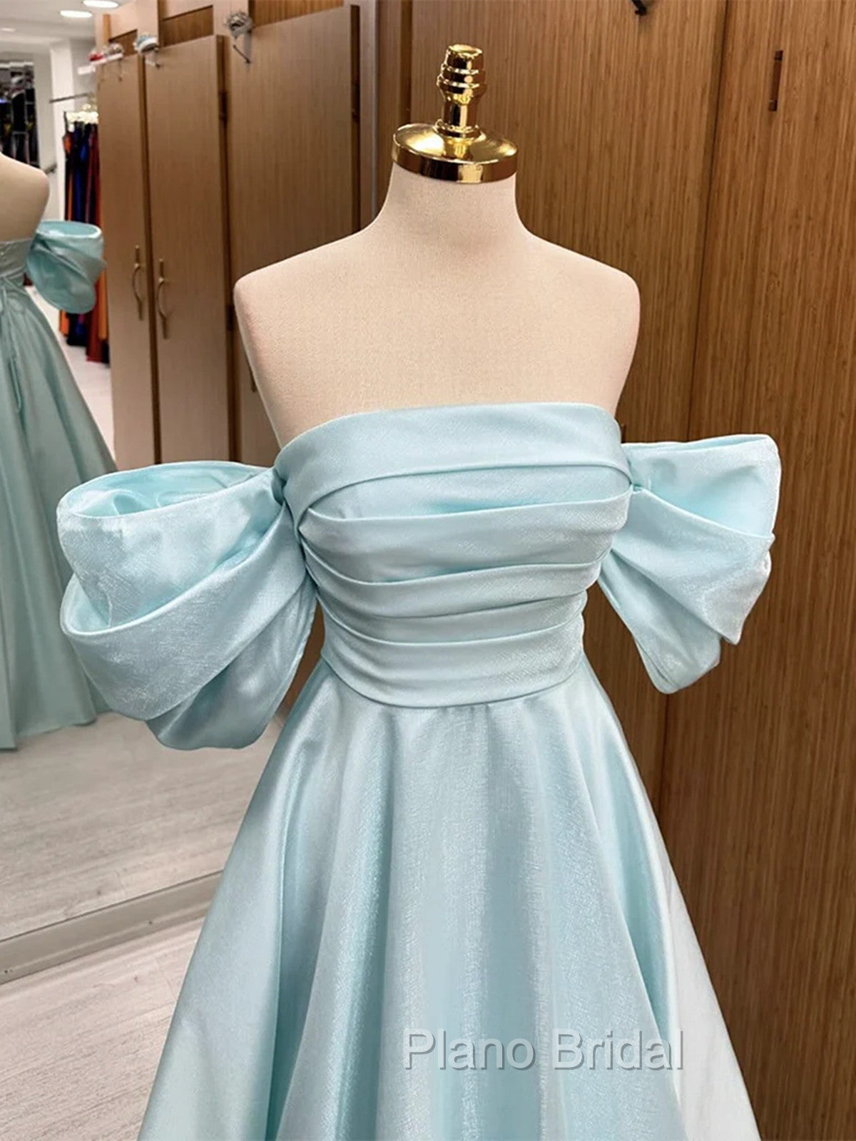 Blue Satin Off Shoulder Long Party Dresses, A-line Blue Formal Prom Dresses Secondary image