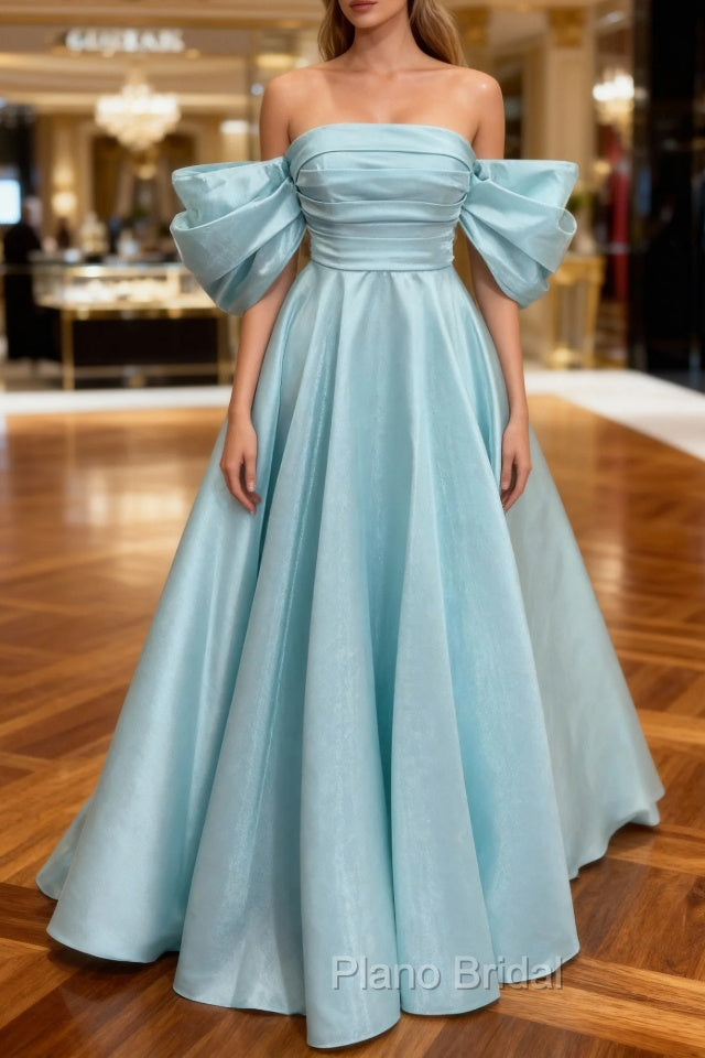 Blue Satin Off Shoulder Long Party Dresses, A-line Blue Formal Prom Dresses Main image