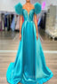 Blue Satin Off the Shoulder Feather Formal Prom Dresses