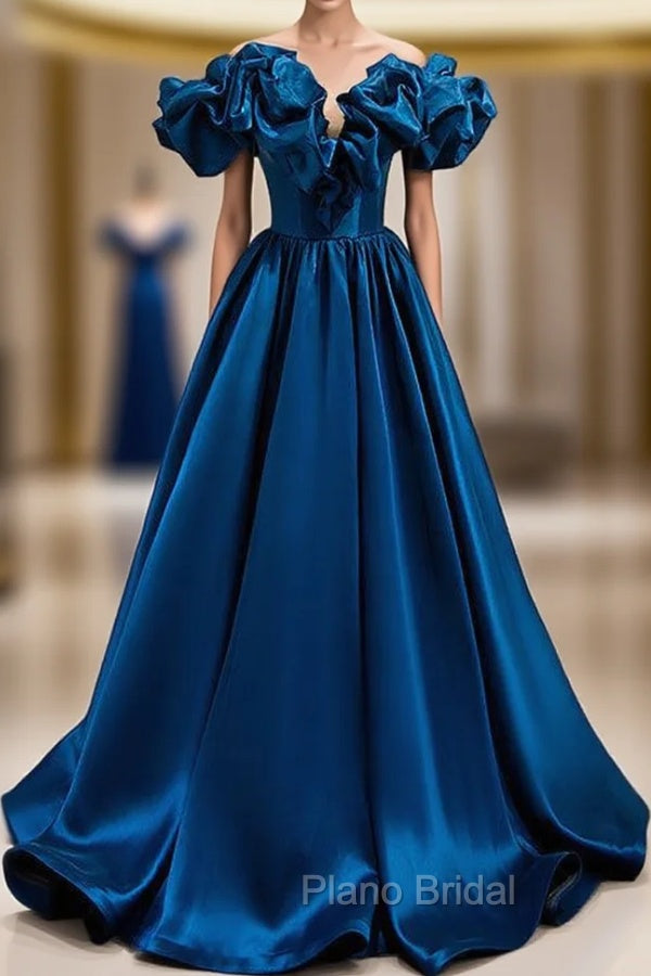 Blue Satin Off the Shoulder Formal Prom Dresses Main image