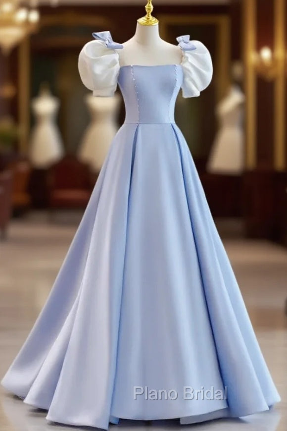 Blue Satin Puf Sleeve Bow Formal Prom Dresses