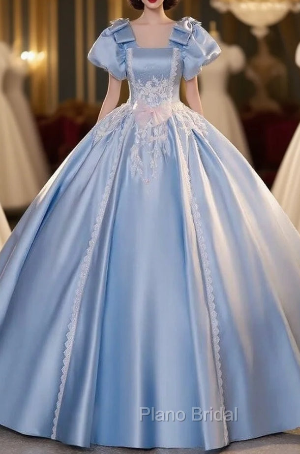 Blue Satin Puff Sleeve Appliques Quinceanera Dresses Main image