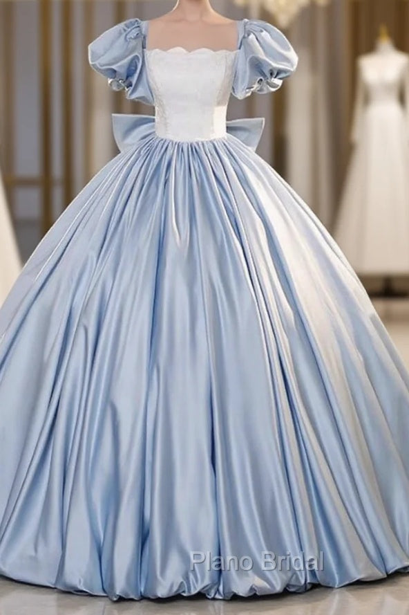 Blue Satin Puff Sleeve Bow Quinceanera Dresses