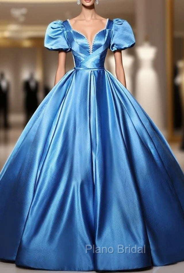 Blue Satin Puff Sleeve Pearls Quinceanera Dresses Main image