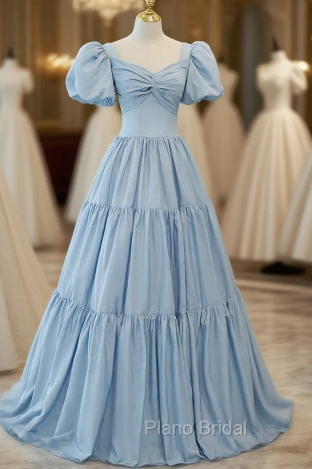 Blue Satin Puff Sleeve Pleats Formal Prom Dresses Main image