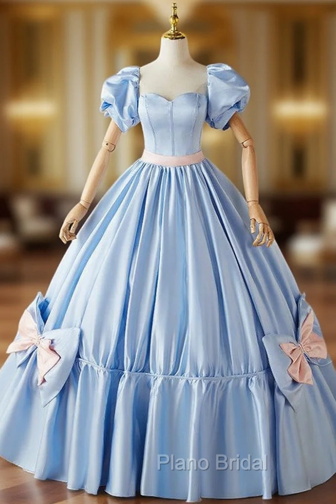Blue Satin Puff Sleeve Quinceanera Dresses With Bow