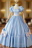 Blue Satin Puff Sleeve Quinceanera Dresses With Bow