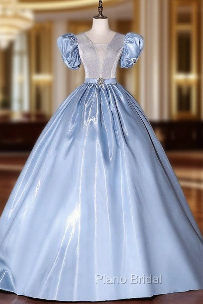 Blue Satin Puff Sleeve Quinceanera Dresses Main image