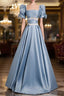 Blue Satin Puff Sleeve Square Beading Formal Prom Dresses