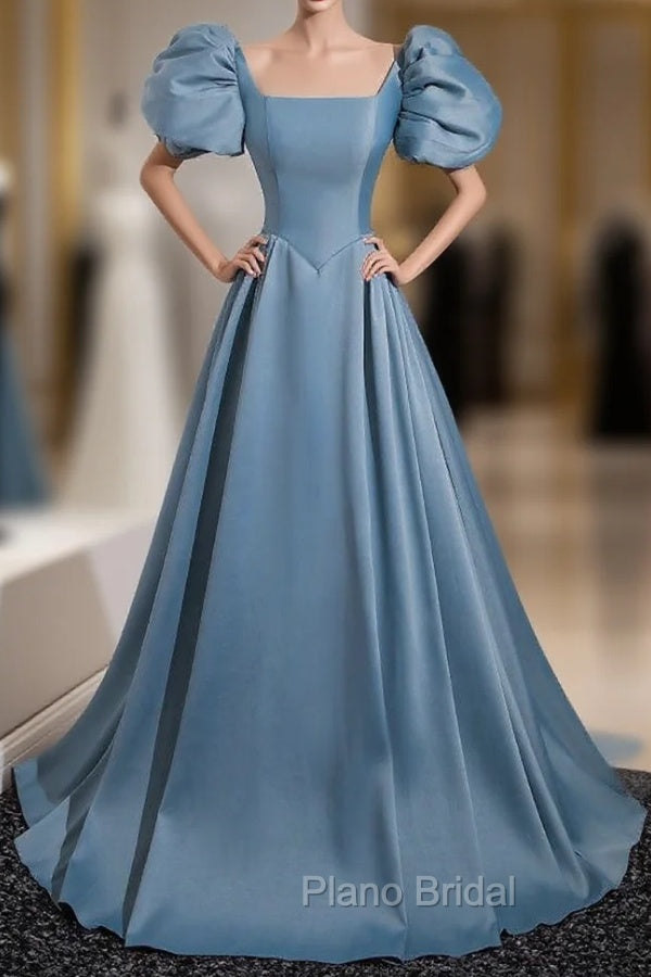 Blue Satin Puff Sleeve Square Neck Formal Prom Dresses Main image