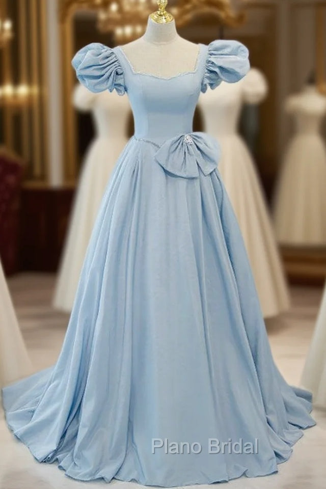 Blue Satin Puff Sleeve Square Formal Prom Dresses Main image