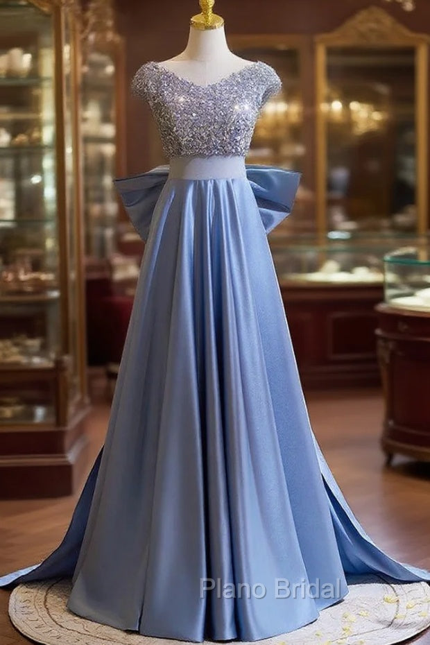 Blue Satin Sequins V-neck Formal Prom Dresses Main image