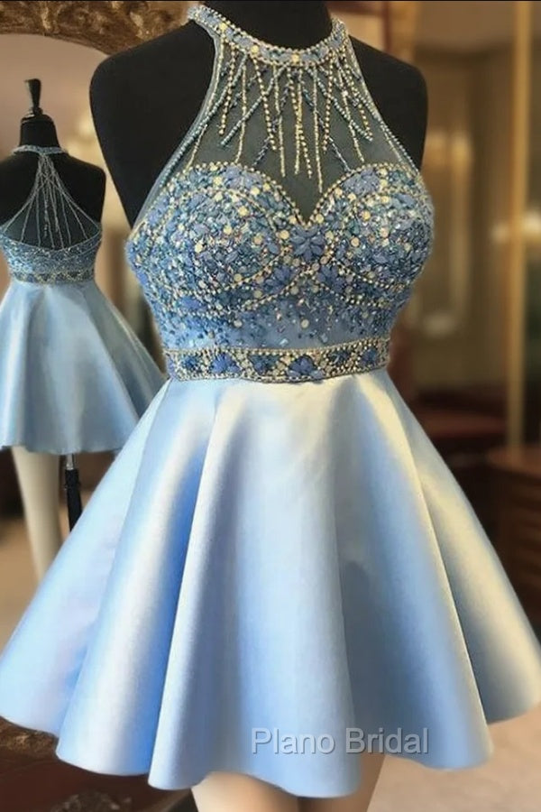 Blue Satin Short Homecoming Dresses with Beading and Crystals Main image