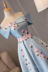 Blue Satin Short Party Dresses With Flowers, Blue Knee Length Homecoming Dresses