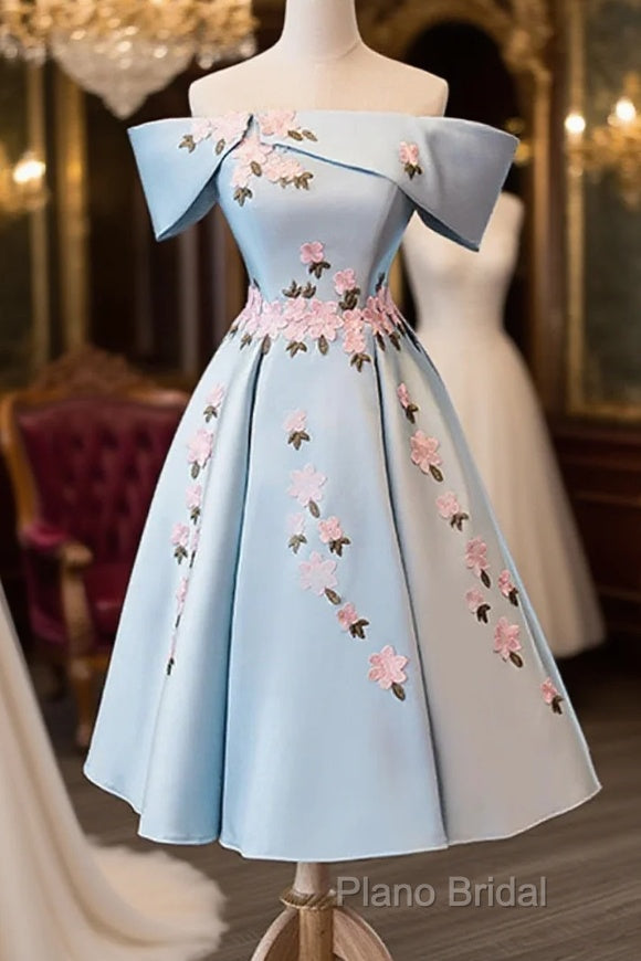 Blue Satin Short Party Dresses With Flowers, Blue Knee Length Homecoming Dresses Main image