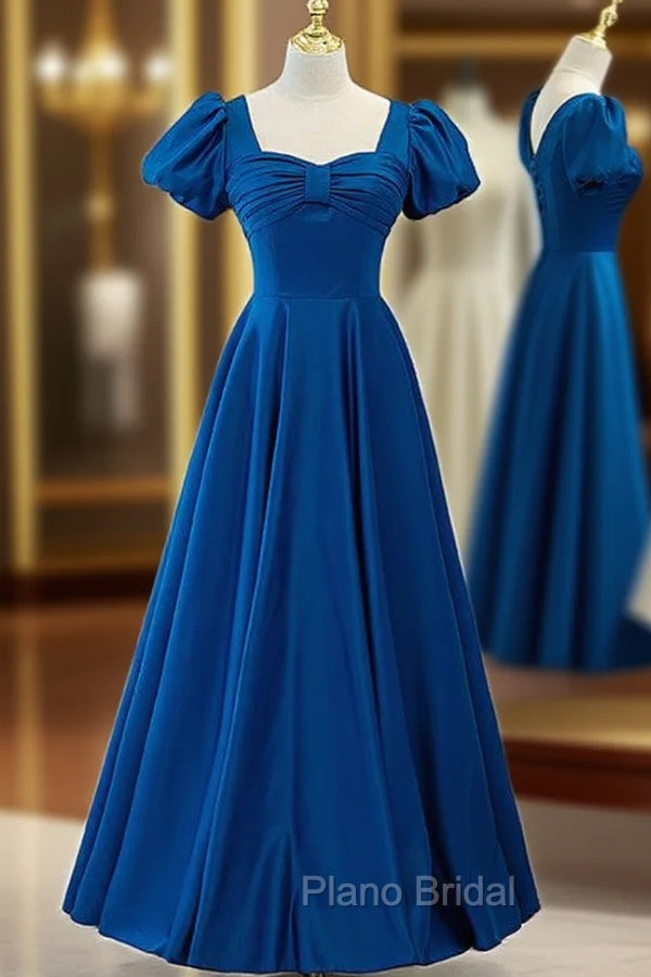 Blue Satin Short Sleeve Pleats Formal Prom Dresses Main image