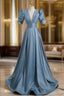 Blue Satin Short Sleeve V-neck Backless Formal Prom Dresses