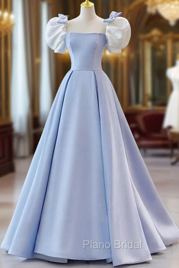 Blue Satin Short Sleeves with Bow Lace-up Party Dresses, Blue Formal Prom Dresses Main image
