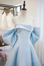 Blue Satin Spaghetti Strap Long Formal Prom Dresses With Big Bow, Blue A-Line Formal Party Dresses