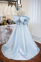 Blue Satin Spaghetti Strap Long Formal Prom Dresses With Big Bow, Blue A-Line Formal Party Dresses