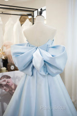 Blue Satin Spaghetti Strap Long Formal Prom Dresses With Big Bow, Blue A-Line Formal Party Dresses