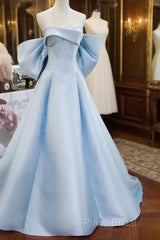 Blue Satin Spaghetti Strap Long Formal Prom Dresses With Big Bow, Blue A-Line Formal Party Dresses