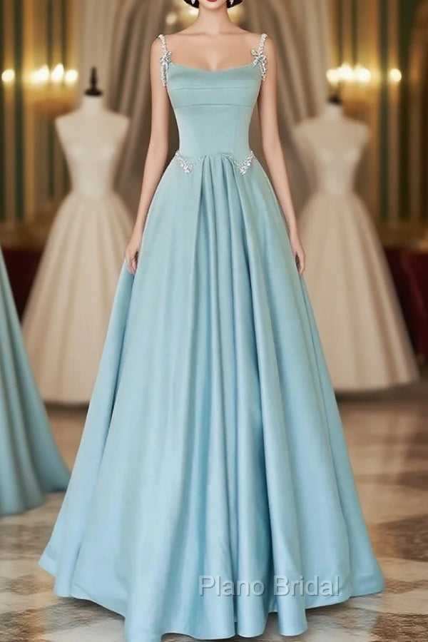 Blue Satin Spaghetti Straps Pearls Formal Prom Dresses Main image