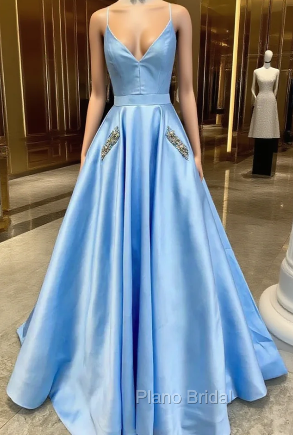 Blue Satin Spaghetti Straps Pocket Beading Formal Prom Dresses Main image