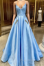 Blue Satin Spaghetti Straps Pocket Beading Formal Prom Dresses
