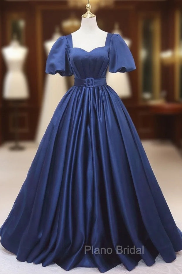Blue Satin Square Neck Puff Sleeve Pleats Formal Prom Dresses Main image