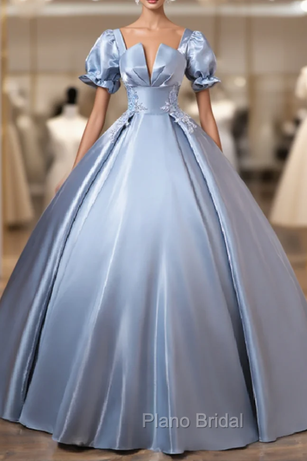 Blue Satin Square Puff Sleeve Appliques Quinceanera Dresses Main image