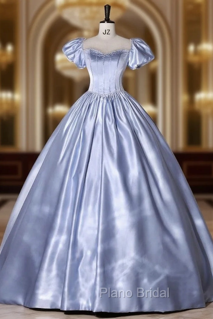 Blue Satin Square Puff Sleeve Beading Quinceanera Dresses Main image
