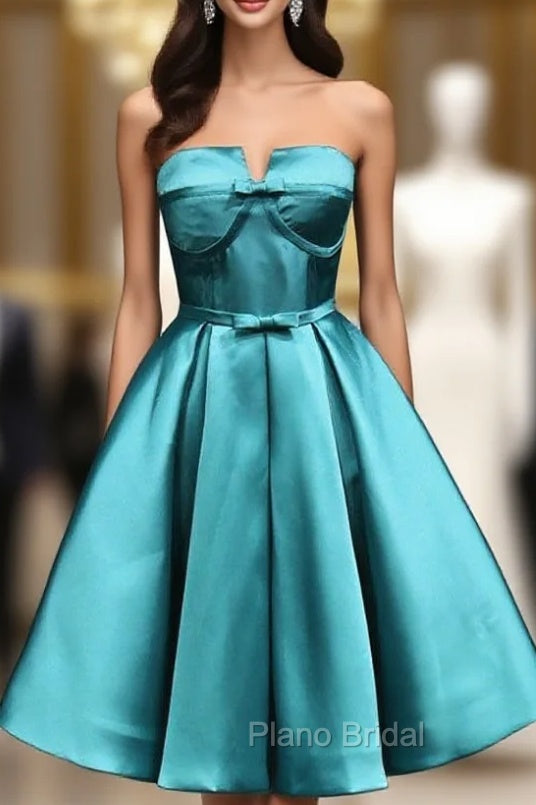 Blue Satin Strapless Bow Homecoming Dresses