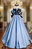 Blue Satin Strapless Bow Formal Prom Dresses