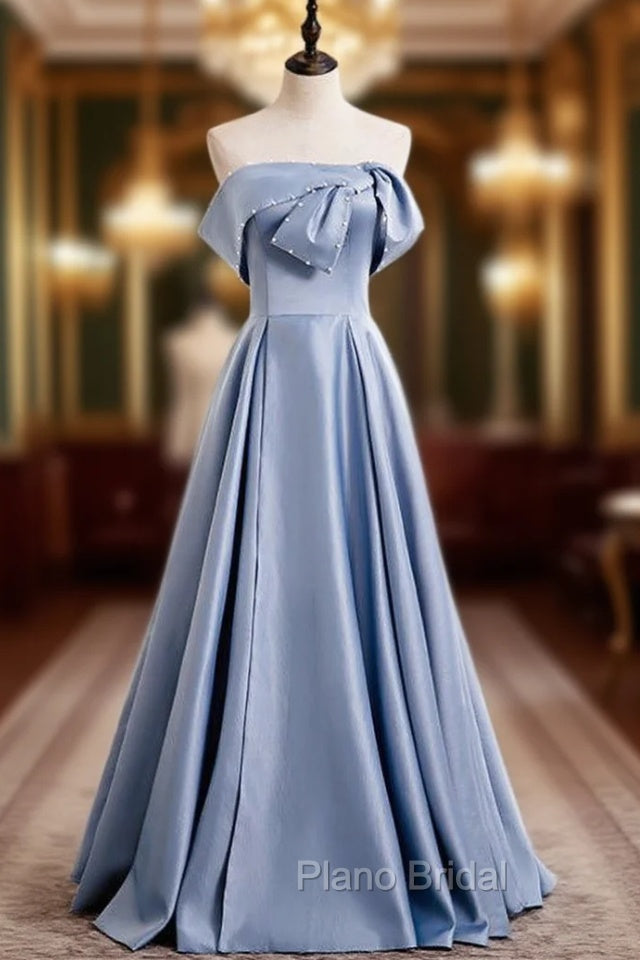 Blue Satin Strapless Pearls Long Formal Prom Dresses Main image