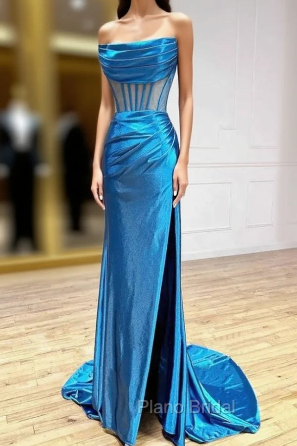 Blue Satin Strapless Pleats Split Formal Prom Dresses Main image