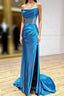 Blue Satin Strapless Pleats Split Formal Prom Dresses