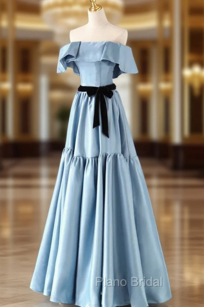 Blue Satin Strapless Formal Prom Dresses With Belt