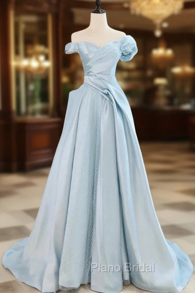 Blue Satin Tulle Off the Shoulder Formal Prom Dresses Main image