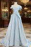 Blue Satin Tulle Off the Shoulder Formal Prom Dresses