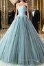 Blue Satin Tulle Strapless Beading Formal Prom Dresses