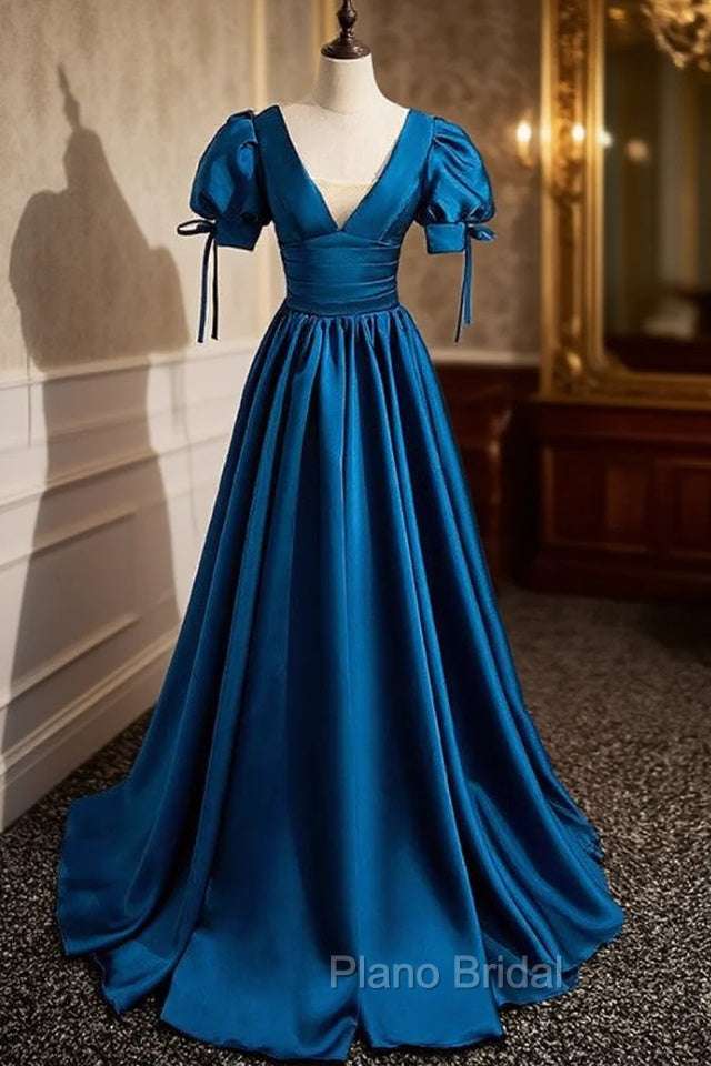 Blue Satin V-neck Short Sleeve Pleats Formal Prom Dresses Main image