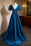 Blue Satin V-neck Short Sleeve Pleats Formal Prom Dresses